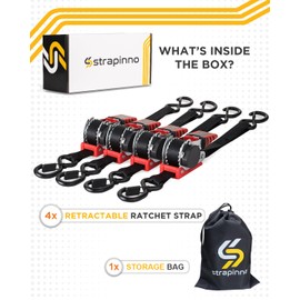 Strapinno Retractable Ratchet Straps 1 in x 10 ft, Secure Tie-Downs with Rubber-Coated Steel Handles, S-Hooks & Durable Hardware, for Motorcycle, Jetski, kayak, Breaking Strength 1,500LBS/680KG (4PCS)