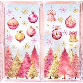 JarThenaAMCS Christmas Window Clings Pink Gold Xmas Tree Ball Snowflake Window Stickers Double-Side Glass Decals for Home Party Supplies, 7.9 x 11.8 Inch, 9 Sheets