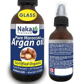 Naka Platinum Pure Moroccan Argan Oil, Certified Organic, Cold Pressed + UV Protected, For Hair Skin and Nails, Made in Canada (50+10ml FREE)