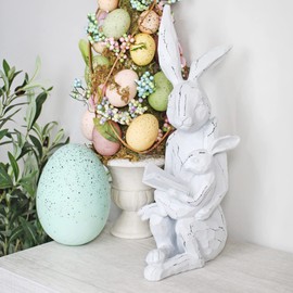 AuldHome Design Easter Reading Rabbit Figurine w/Baby Rabbit; Farmhouse White Bunny Statue