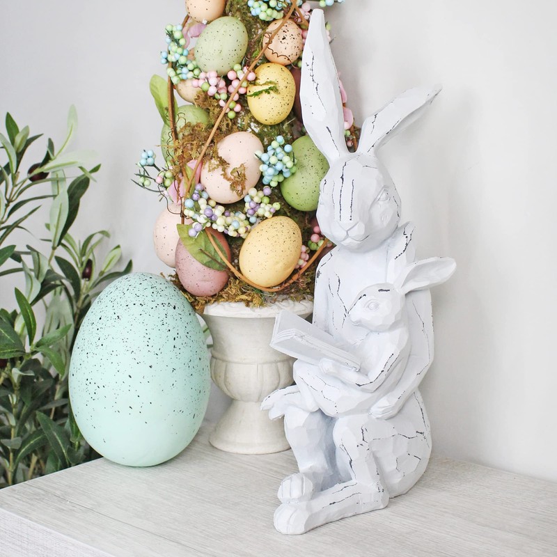 AuldHome Design Easter Reading Rabbit Figurine w/Baby Rabbit; Farmhouse White