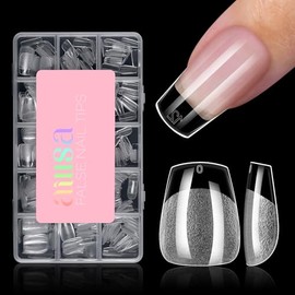 AILLSA Puntas de uñas postizas extracortas tipo ataúd: 15 tamaños, 240 unidades, semimate, preformadas, cobertura total, transparentes, con gel para s
