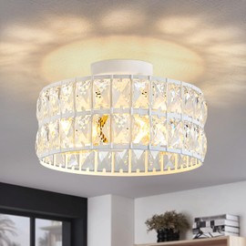 HuixuTe Modern Bedroom Light Fixtures Ceiling, 12.5" Round Drum Crystal Chandelier 3-Light, White Semi Flush Mount Ceiling Light for Dining Room Kitchen Hallway Living Room