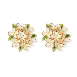 White Enamel Flower Stud Earrings for Women Dainty Gold Plated Hypoallergenic Green Leaf Floral Statement Studs Fashion Jewelry for Her Bff Holiday