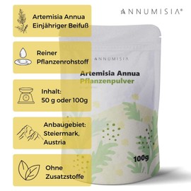 ANNUMISIA® Artemisia Annua Leaf Powder 50 g or 100 g - Annual Mugwort - No Stems and No Additives - Contains Artemisinin - German Brand Quality (100 g)