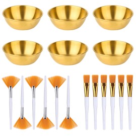 18pcs Esthetician Facial Supplies Set, Including 6 Gold Stainless Steel Bowls, 6 Fan Brushes & 6 Flat Brushes Professional Facial Mask Mixing Bowl Set for Women Beauty Spa Home Use (Gold)