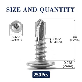 #8 x 5/8" Sheet Metal Screws 250PCS 410 Stainless Steel Truss Head Fast Self Tapping Screws by SG TZH
