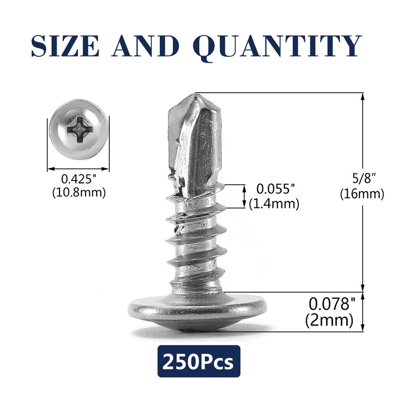 #8 x 5/8" Sheet Metal Screws 250PCS 410 Stainless Steel