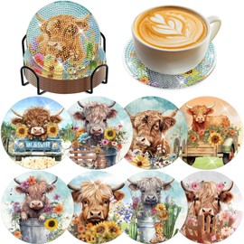Highland Cow Diamond Painting Coasters - 8 PCS Diamond Art Kits DIY with Flower Non Slip Shining Drinks Coasters Farmhouse Art Craft Supplies Table Decor Birthday Gift for Cowgirl Cow Lovers Beginners