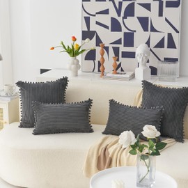 Home Brilliant Cushion Covers 60cm x 60cm, Soft Striped Corduroy Cushions with Poms, Extra Large Cushion Covers for Bedroom Living Room, 24 Inch, 2 Pcs, Dark Grey