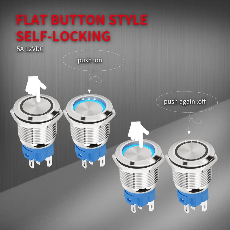 DaierTek 12V Latching Push Button Switch Marine Waterproof Round Blue