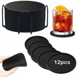 YAYUSI 12 Piezas Posavasos para Mesa,Portavasos de Silicona Antideslizantes para Mesa con Soporte,Posavasos de Bebidas con Soporte Posavasos,Coasters para Bar, Hogar, Cafetería, Restaurante (Negro)