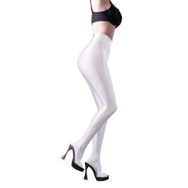 SOFSOT Ultra Sheer Workout Leggings Shiny Tights for Women Control Top to Waist Pantyhose Tummy Control Glossy Panty Hose, White, XXL