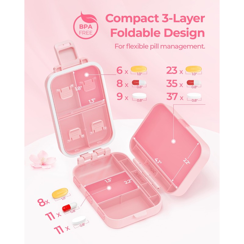 AMOOS Compact 3-Layer Travel Pill Organizer, Cute Pill Box Case
