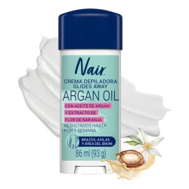 Nair Crema Depiladora Glides Away Argan Oil 86 ml. Probada por Dermatólogos con Ingredientes Naturales. Piel Suave y Tersa hasta por 1 Semana