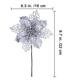 24 Pcs Christmas Silver Glittered Mesh Holly Leaf Artificial Poinsettia Flowers Picks Tree Ornaments 5.9" W for Silver Christmas Tree Wreath Garland Floral Gift Winter Wedding Holiday Decoration