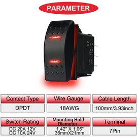 MKBKLLJY 1Pcs Automatic Lock Rocker Switch Toggle On/Off/On 3Position Waterproof DC 12V/20A 24V/10A 7Pin DPDT Red LED Light with Jumper Wires Set and Cable Ties for Boat Truck Car RV Motorcycle