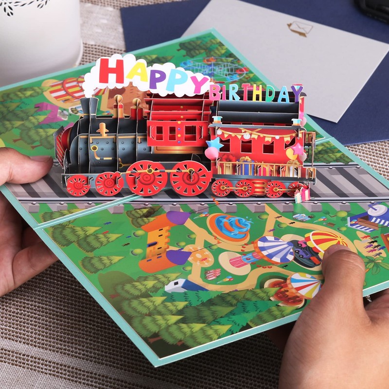 Magic Ants 子供のための3D漫画トレインバースデーカード、ポップアップバースデーカード、ハッピーバースデーグリーティングカード