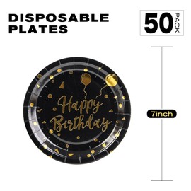EVYIENEN 50PCS Happy Birthday Party Paper Plates，7inch Disposable White and Gold Plates Set，Party Tableware Party Supplies for Birthday Decorations (Happy Birthday Black and Gold, 7inch)
