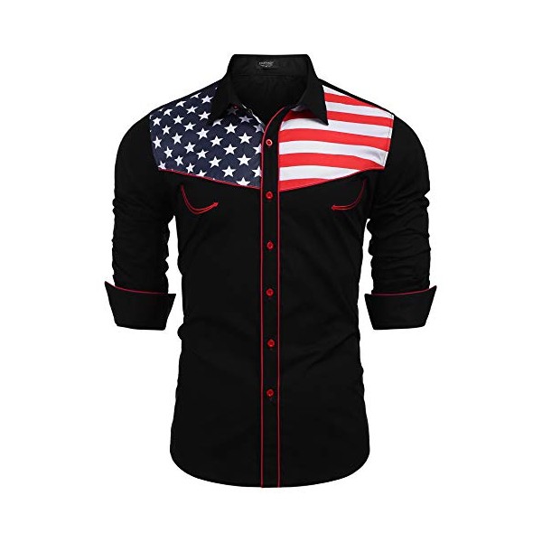COOFANDY Men's American Flag Button Down Shirt Patriotic USA Shirt Black