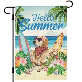 DLZDN Hello Summer Dog Garden Flag Beach Surfboard Golden Retriever Garden Flag 12×18 Inch Double Sided Vertical Burlap Summer Coastal Seasonal Hawaii Tropical Ocean Yard Flag Outdoor Decoration