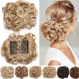 Short Combs Messy Curly Wavy Hair Extensions Bun Piece Up Do Drawstring Ponytail Clip in Comb Hair Extensions Chignon Medium Brown