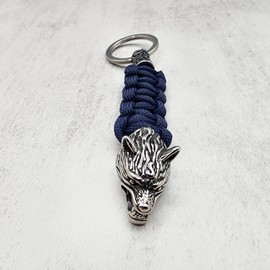 Generic Stainless Steel Vintage Viking Wolf Head Paracord Keychain (Blue), 4-1/2 Inches (11-1/2 cm)