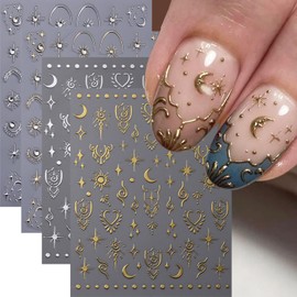 4 Sheets 5D Moon Star Nail Art Stickers Gold Silver Glitter Rhinestones Nail Decals Self-Adhesive Sun Heart Nail Decor Cute Nail Design Stickers Spring French Nails Supply for Women DIY Manicure