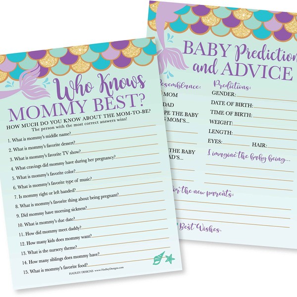 Mermaid Baby Shower Games For Girls - 2 Games Double Sided, 25 Who Knows Mommy Best Baby Shower Game To Play, 25 Baby Prediction And Advice Cards, Baby Shower Advice Cards, Baby Shower Ideas