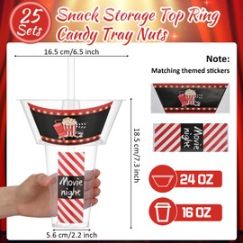 SiliFine 25 Sets of Movie Night Party Drink and Snack Cup with Straws Disposable Plastic Stadium Tumbler with Snack Bowl Cup with Snack Holder Sip Snack Cups for French Fries Fried Chicken Fruit