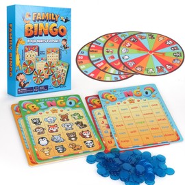 Family Bingo Game for Kids Ages 4-8 | 4-in-1 Educational Bingo Set with Numbers, Words, Letters & Animals | Family-Friendly Board Game for Learning & Fun | 2-4 Players