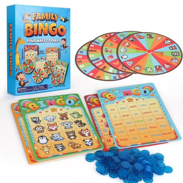 Family Bingo Game for Kids Ages 4-8 | 4-in-1 Educational