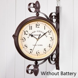 Antique Wrought Iron Wall Clock, Round Wall Hanging Double Sided Two Faces Retro Station Clock Round Chandelier Wall Hanging Clock For Wall Side Mount Home Décor Wall Clock