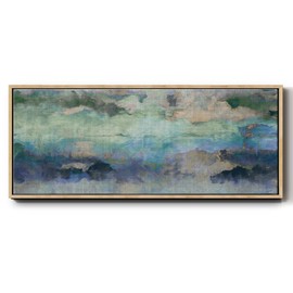 Renditions Gallery Abstract Floater Framed Artwork Warming Blend of Teal & Green Hues Canvas Wall Art Prints & Paintings for Hotel Office Kitchen - 8"X20" NATURAL GAL029