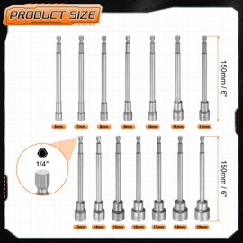 HARFINGTON 14pcs Nut Driver Drill Bit 6-19mm Metric Impact Socket 1/4" Hex Shank 6" (150mm) Extra Long Magnetic 6-Point Sockets Quick-Change CR-V Steel Bolt Setter for Power Drill Drivers
