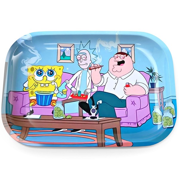 Rolling Tray - Funny Metal Cartoon Large RollingTray - Essential Smoking Accessories Kit (Blue)