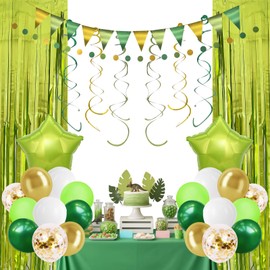 Green and Gold Party Decorations Include latex Balloons,Fringe Curtains,Star Foil Balloons,Triangle Banner,Swirls for St.Patrick's Day,Jungle Theme,Graduation, Birthday Party Supplies