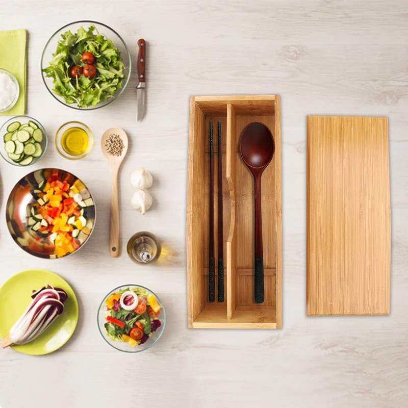 Wooden Cutlery Box with Lid, Silverware Utensil Holder Japanese Spoon