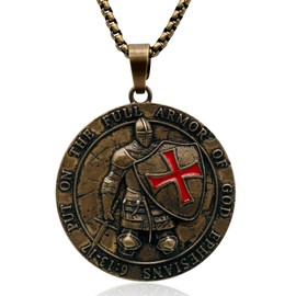 FFTByou Knights Templar Put On The Whole Armor of God Ephesians 6:13-17 Red Cross Design Necklace for Men, Pure Copper Material, Old Style, Amulet, Totem