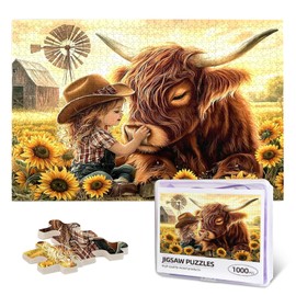 Cute Girl Highland Cattle Jigsaw Puzzle 1000 Piece, Sunflower Jigsaw Puzzles 1000 Piece，Flowers Puzzle Nature Animal Flower Painting Jigsaw Puzzles 1000 Piece，Birthday Gifts For Adults And Family Game