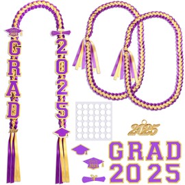 Yinkin Graduation Ribbon Leis Set Class of 2025 Handmade Double Braided Necklace Adjustable Includes Silk Leis Grad Cutouts 2025 Pendant for Graduation Party Accessories(Purple, Gold)