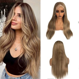 Belaved 13x6 Straight Lace Front Wigs Human Hair for Women, 24 Inch Highlights Ombre Light Brown to Brown with Ash Blonde HD Lace Frontal Wig Human Hair Glueless Pre Plucked Bleached Knots