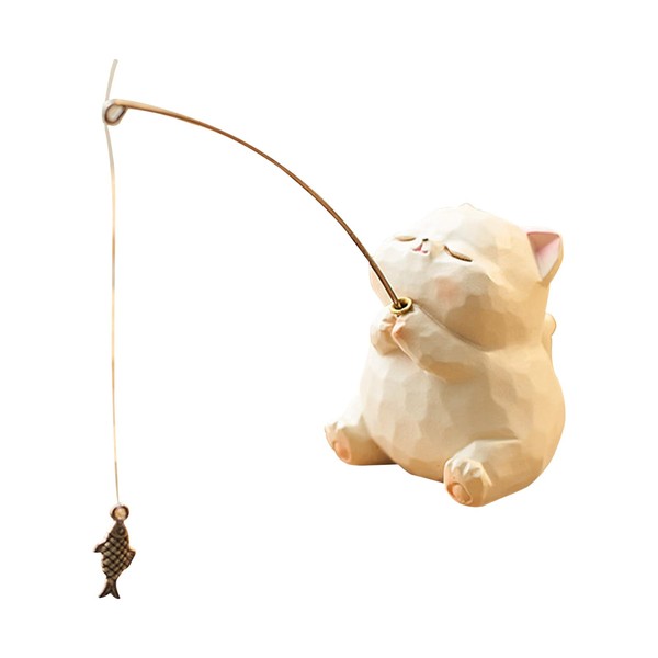 TVETE Fishing Cat Figurine, Resin Wood Grain Pattern, Can Stand