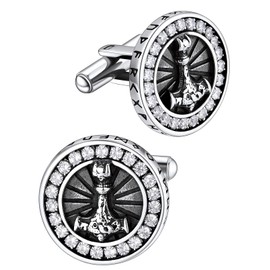Viking Mjolnir Cufflinks for Men Vintage Norse Mythology Stainless Steel Accessories with White Cubic Zirconia Business Wedding Shirts