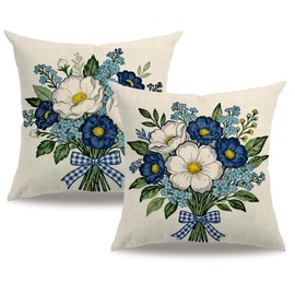2Pack Blue & White Floral Bouquet Pillow Covers 18x18 Inch,Watercolor Flower Gingham Bow Cushion Cover Farmhouse Spring Garden Flower Home Decor Pillowcase for Sofa Bed Patio (Blue, 18" x 18")