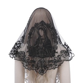 Bozidol Church Catholic Veils for Women, Triangle Black Our Lady of Guadalupe Embroidered Lace Mantilla Chapel Veil, Latin Mass Prayer Scarf Head Coverings with Clips