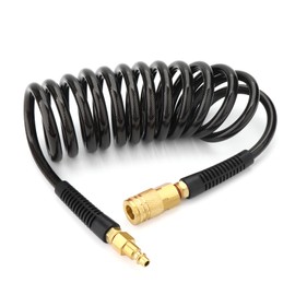 GASHER Black 1/4" x 10FT Reinforced Polyurethane Recoil Air Hose with Bend Restrictor, 1/4" Industrial Quick Coupler and Plug