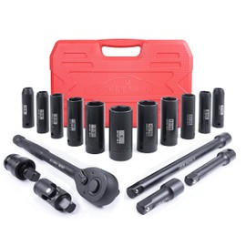 SEKETMAN 17PCS 1/2-Inch Drive Deep Impact Socket Set,SAE(3/8-1"),6 Point,CR-V steel,Includes Extension Bar,Universal Joint and Ratchet Handle