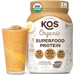 KOS Organic Plant Based Protein Powder, Chocolate Peanut Butter - Delicious Vegan Protein Powder Meal Replacement - Keto Friendly, Gluten Free, Dairy 