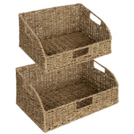 StorageWorks Pantry Baskets for Organizing, Seagrass Storage Baskets for Shelves with Built-in Handles, Pantry Organizers and Storage, Set of 2 (Large and Medium)